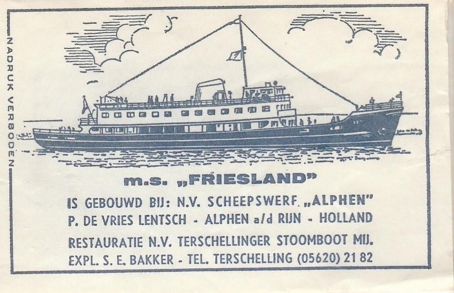 Terschellinger Stoomboot Mij. - ms Friesland - scheepswerf, Verzamelen, Ophalen of Verzenden