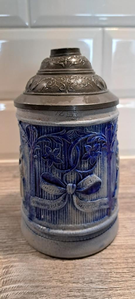 Antieke Duitse Bierpul met Tin Deksel, Antiek en Kunst, Ophalen of Verzenden