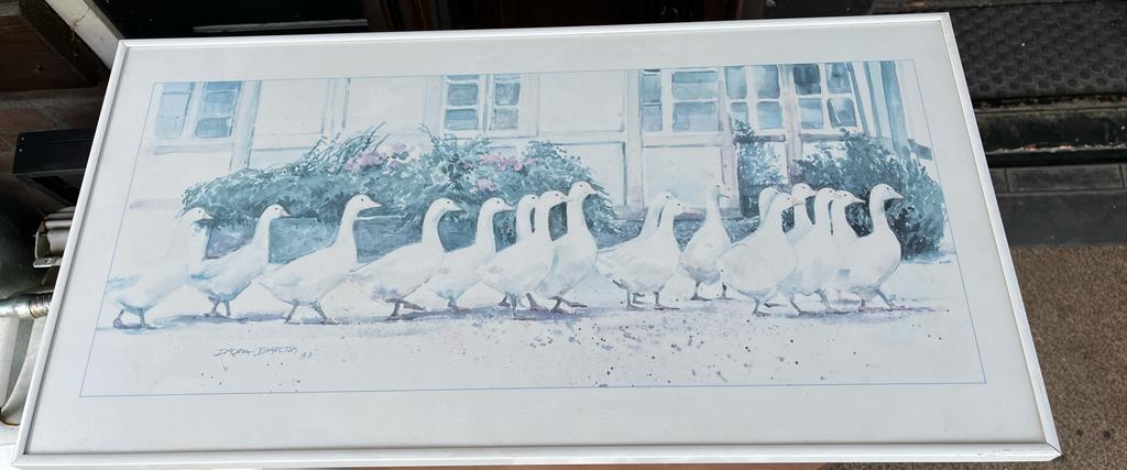 prent met ganzen, gesigneerd Dalina Barton '83, Ophalen, 1980 tot heden, Gebruikt