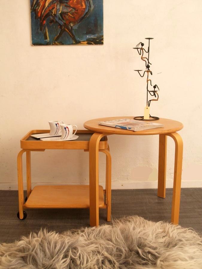 Ikea Brunabo plywood nesting table + trolley vintage design, Huis en Inrichting, Tafels | Bijzettafels, Gebruikt, Rechthoekig