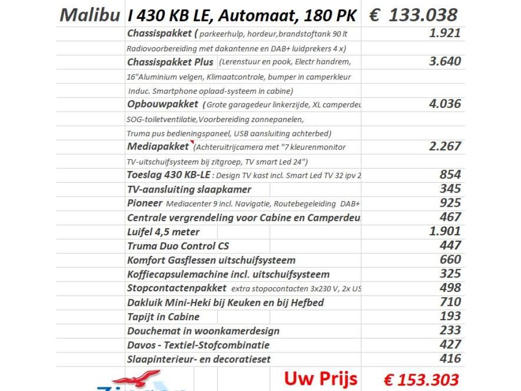 Malibu T 430 KB LE Lengte-/Hefbed Automaat, Koelkast, Malibu, Fiat, Bedrijf