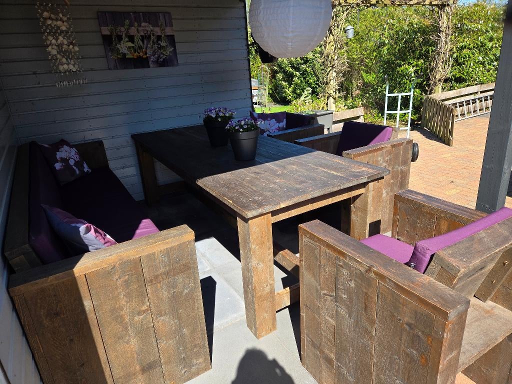 7-delige tuinset met kussens, Tuin en Terras, Ophalen, Gebruikt, Bank, Steigerhout