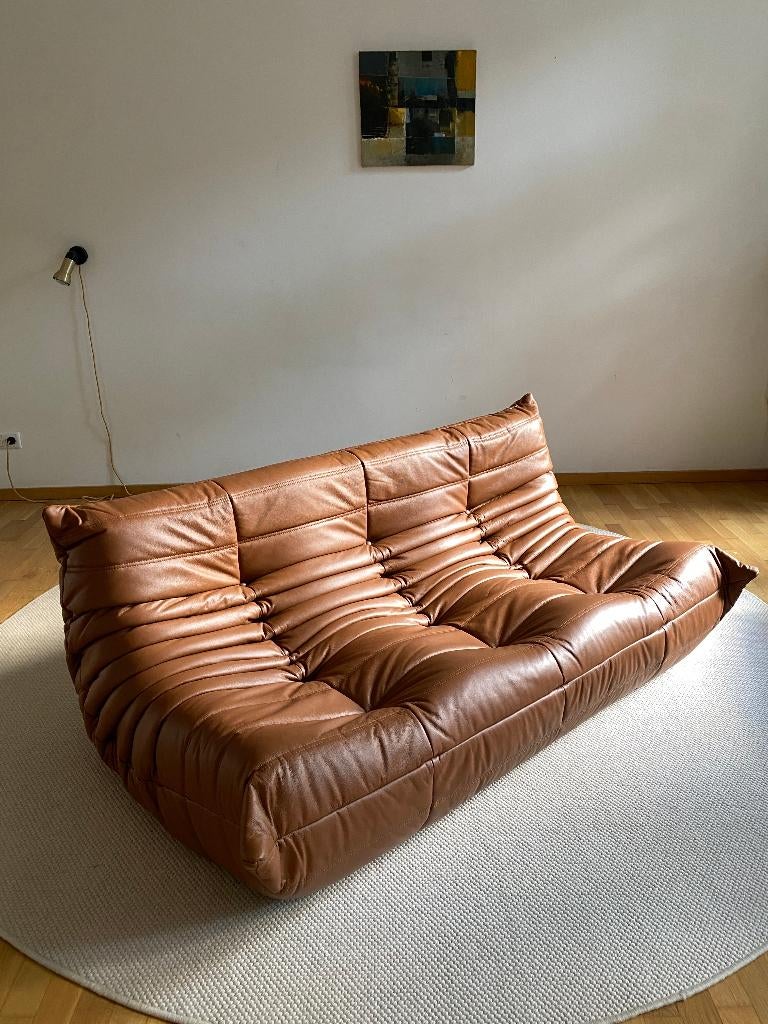 Ligne Roset - Togo - 3-zitter Bank/Sofa - Cognac Bruin Leer, 150 tot 200 cm, Driepersoons, Leer, Zo goed als nieuw