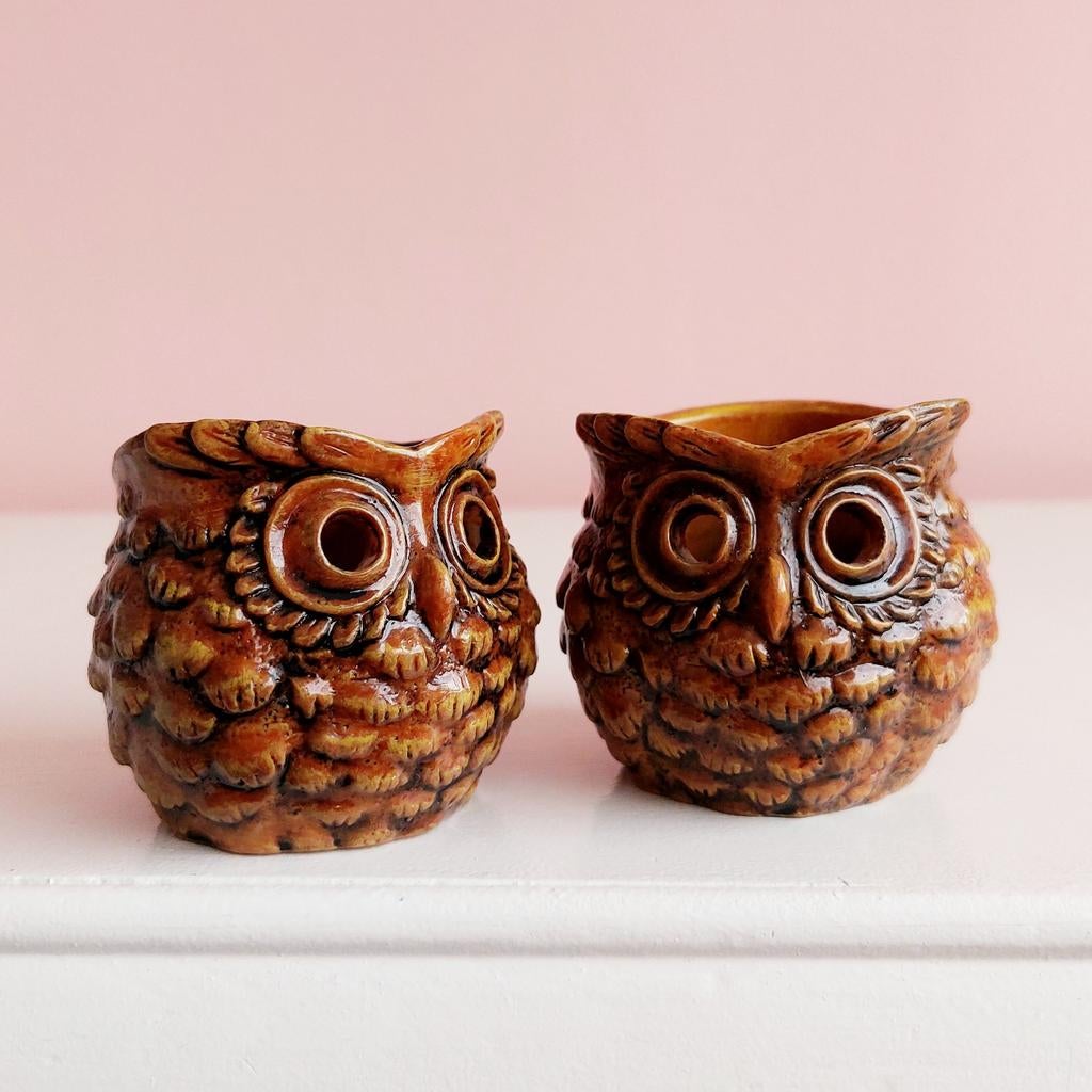 Set van 2 uil waxinelichtjes/bloempotjes, uiltjes bruin, Ophalen of Verzenden, Zo goed als nieuw