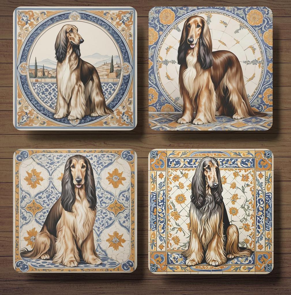Afghaanse Windhond Italiaans tegeltje onderzetters + houder, Ophalen of Verzenden, Nieuw, Glas of Kopje