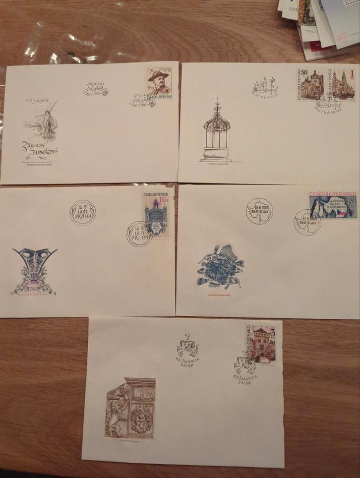 5 Eerstedagenveloppen Tsjechoslowakije 1991, Postzegels en Munten, Postzegels | Eerstedagenveloppen, Ophalen of Verzenden