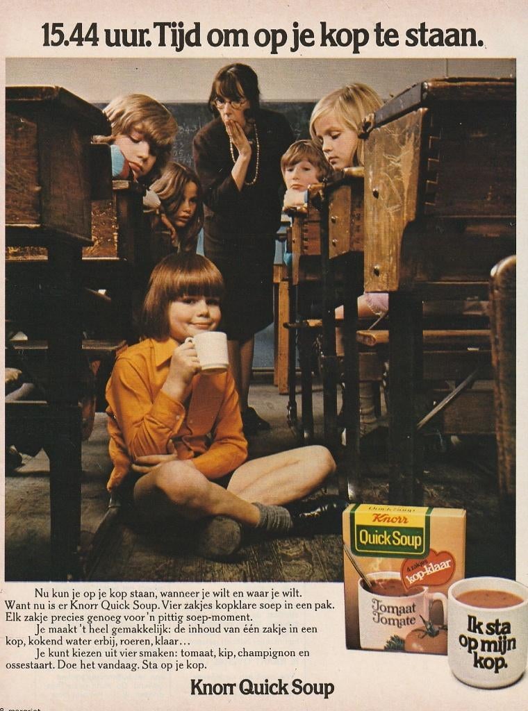 Retro reclame 1974 Knorr soep jongetje in de klas, Verzamelen, Retro, Overige typen, Verzenden