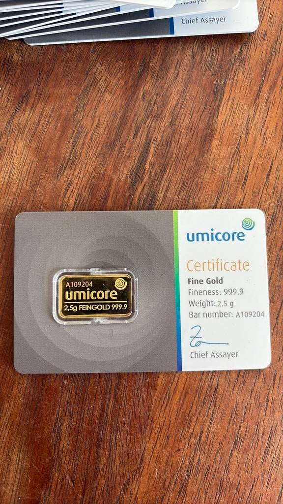 Umicore goudbaar 2,5gr, Postzegels en Munten, Edelmetalen en Baren, Ophalen, Goud