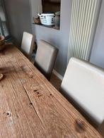 Set eetkamerstoelen 6 stuks, beige leer met eiken onderstel, Ophalen, Gebruikt, Overige kleuren, Leer