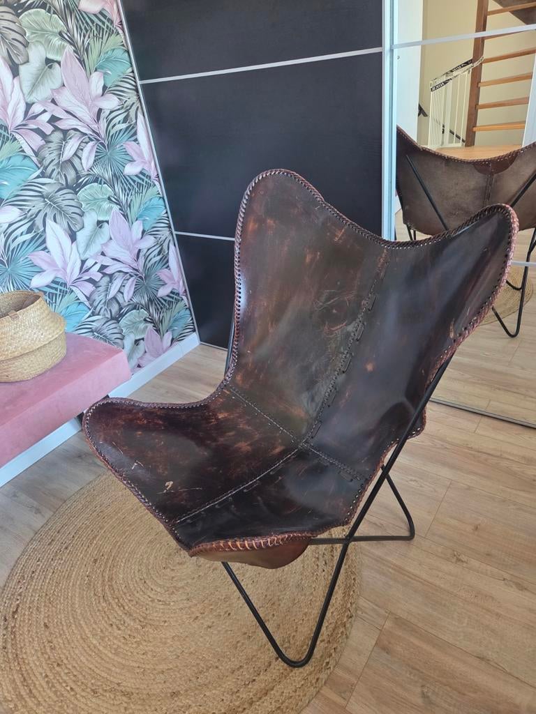 Bruin/zwarte vlinderstoel, Huis en Inrichting, Stoelen, Ophalen, Bruin, Vintage, Leer