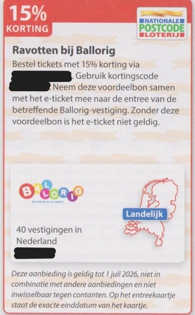 Ravotten bij Ballorig. 15% korting. Postcodeloterij bon., Tickets en Kaartjes, Drie personen of meer, Kortingskaart