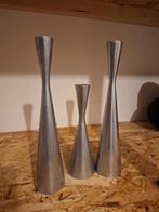 Set van 3 metalen kandelaars, Gebruikt, Ophalen of Verzenden, Metaal, Grijs
