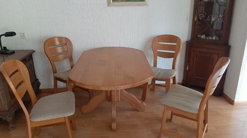 Licht eiken eethoek met 4 stoelen met stoffen bekleding., Huis en Inrichting, Complete eetkamers, Gebruikt, 4 tot 6 stoelen, Ophalen