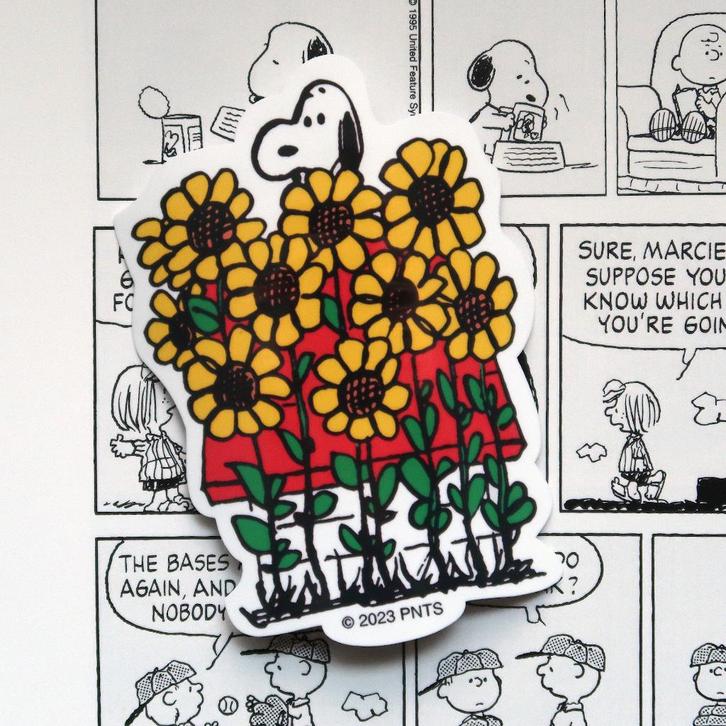 Snoopy van Peanuts strips zonnebloemen Sticker, Verzamelen, Stripfiguren, Nieuw, Plaatje, Poster of Sticker, Snoopy, Verzenden