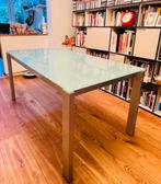 uitschuifbare design glas eettafel van Callagaris, Huis en Inrichting, Tafels | Eettafels, Ophalen, Gebruikt, 50 tot 100 cm, Glas