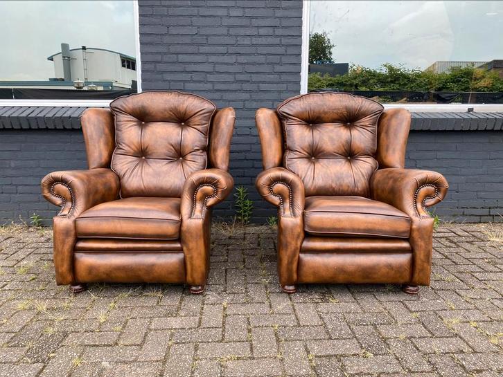 Twee prachtige Springvale Chesterfield fauteuils bruin, Huis en Inrichting, Fauteuils, Gebruikt, Leer, 75 tot 100 cm, Ophalen of Verzenden