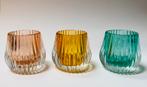 Drie waxinelichthouders, okergeel, roze en turquoise, Huis en Inrichting, Ophalen of Verzenden, Overige materialen, Minder dan 25 cm