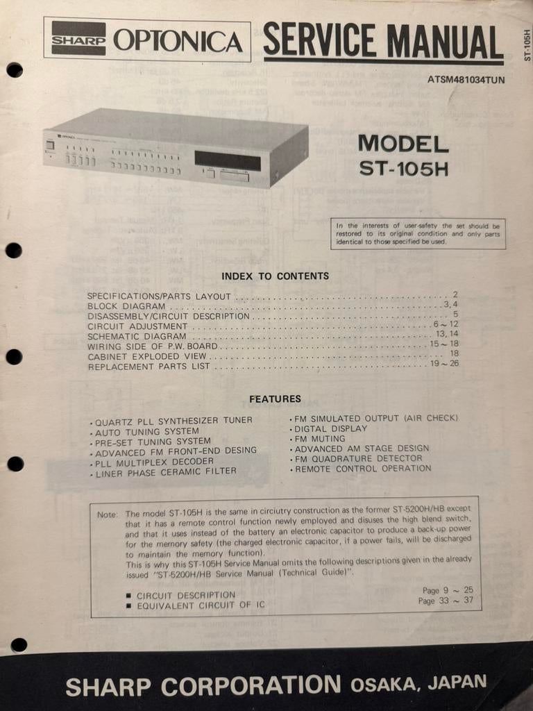 Service manual Optonica ST-105H (Sharp), Ophalen of Verzenden, Gebruikt, Analoog