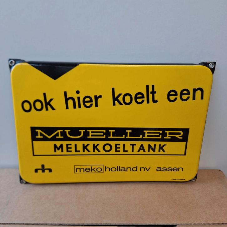 Emaille bord van Mueller melkkoeltank - Langcat, Antiek en Kunst, Antiek | Emaille, Ophalen of Verzenden