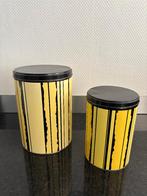 Vintage Tomado blik - geel met zwarte strepen. Set XXL en XL, Verzamelen, Blikken, Ophalen of Verzenden, Gebruikt, Overige