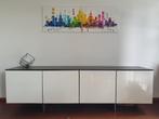 Hoogglans wit dressoir 4 deurs houtlook blad design kast, Ophalen, Gebruikt, Metaal, 150 tot 200 cm