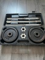 Halterstang + gewichten + koffer, Sport en Fitness, Fitnessmaterialen, Ophalen, Zo goed als nieuw, Halterset