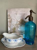 Blauwe franse brocante spuitfles siphon opdruk tekst, Antiek en Kunst, Ophalen of Verzenden