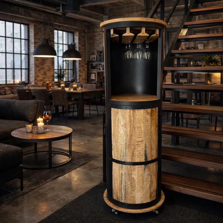 Wijnkast / barkast mangohout met metaal, Huis en Inrichting, Woonaccessoires | Wijnrekken, Zo goed als nieuw, Minder dan 50 cm