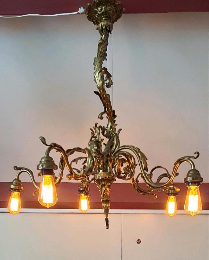 Zwaar Bronzen kroonluchter met salamander., Antiek en Kunst, Antiek | Lampen, Ophalen