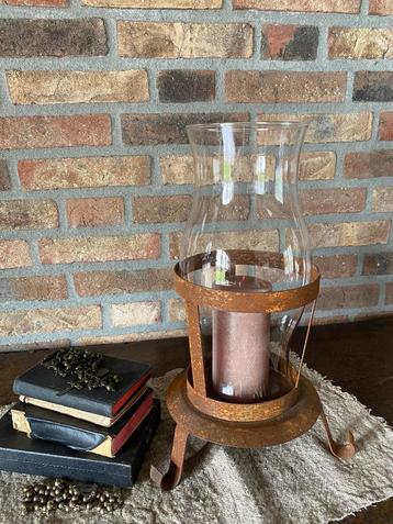 Brocante ijzeren/ glazen kaarsenhouder, incl kaars  beschikbaar voor biedingen