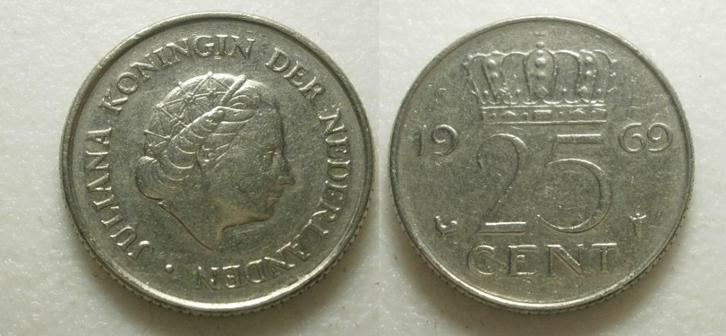 PD02584 Juliana 25 cent 1969, Postzegels en Munten, Munten | Nederland, Losse munt, 25 cent, Koningin Juliana, Ophalen of Verzenden
