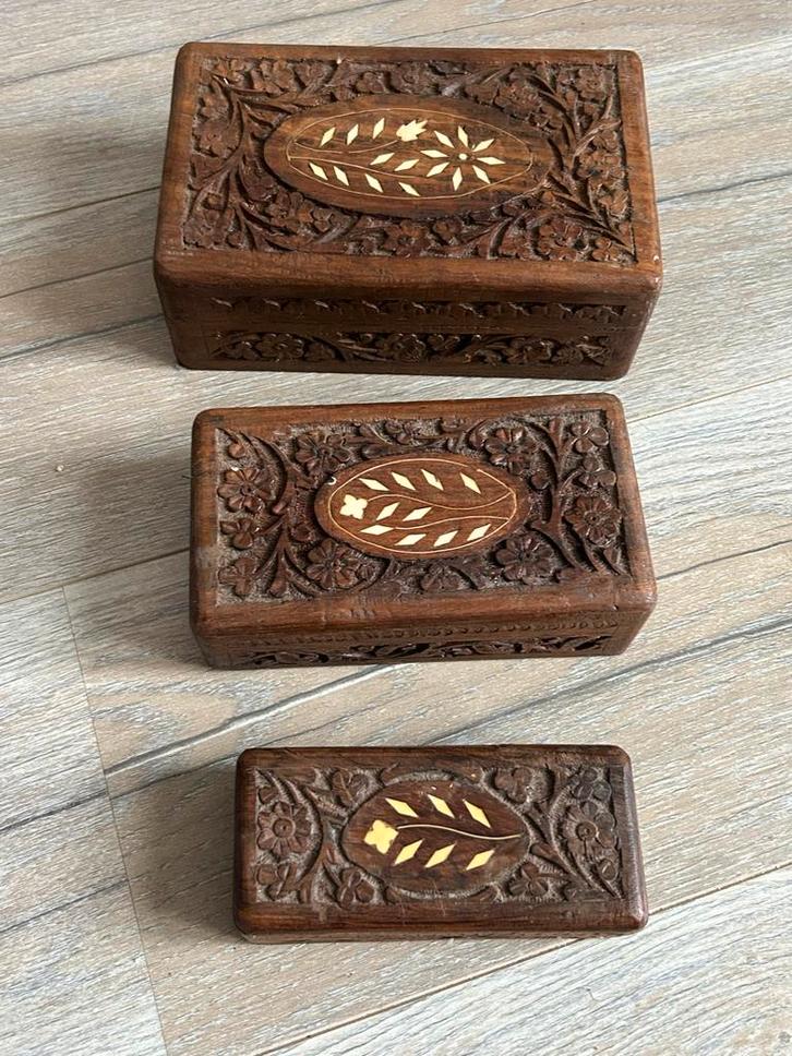 Houten sigarendoosjes set van 3, Huis en Inrichting, Woonaccessoires | Kisten, Gebruikt, Minder dan 50 cm, Overige houtsoorten