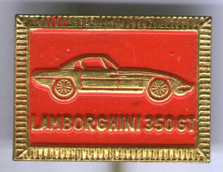 Lamborghini 350 GT rood op koper auto speldje ( B_196 ), Verzamelen, Speldjes, Pins en Buttons, Nieuw, Speldje of Pin, Transport
