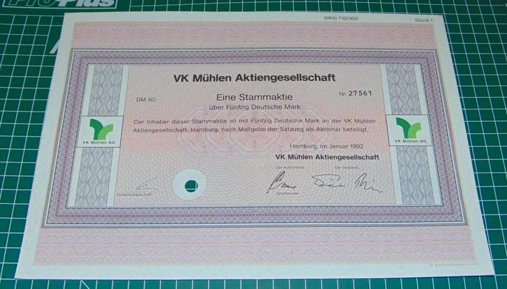 Aandeel VK Mühlen 1992 - 1xDM50, Postzegels en Munten, Aandelen en Waardepapieren, Aandeel, 1970 tot heden, Verzenden