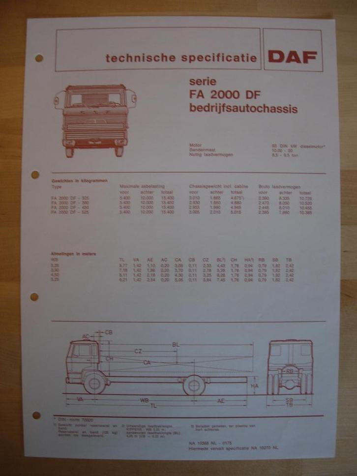DAF FA 2000 DF Technische Specificatie folder 1975 – 4x2, Boeken, Auto's | Folders en Tijdschriften, Zo goed als nieuw, Overige merken