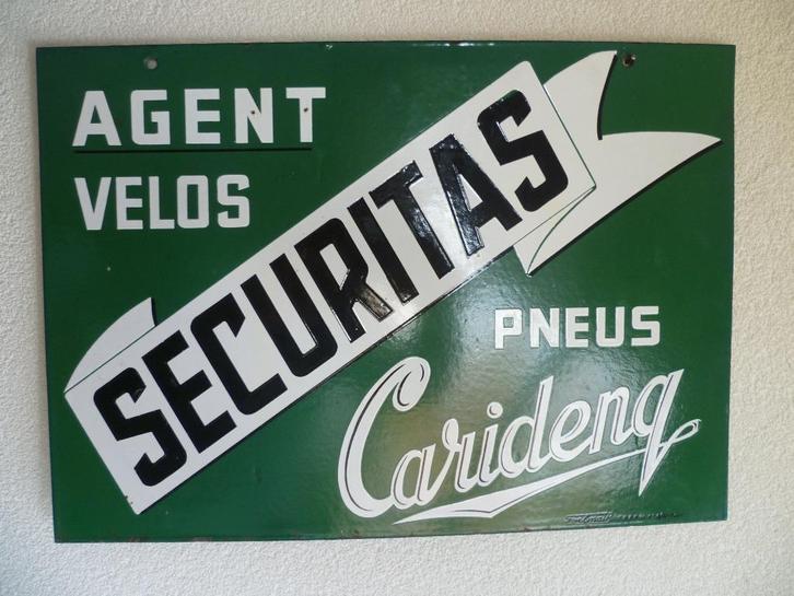 EMAILLE 2-ZIJDIG BORD"AGENT VELOS SECURITAS PNEUS"UIT 1951, Verzamelen, Merken en Reclamevoorwerpen, Zo goed als nieuw, Reclamebord
