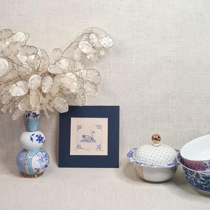 Print zwaan, blauw passe partout 15x15, handgemaakt, Huis en Inrichting, Woonaccessoires | Schilderijen, Tekeningen en Foto's