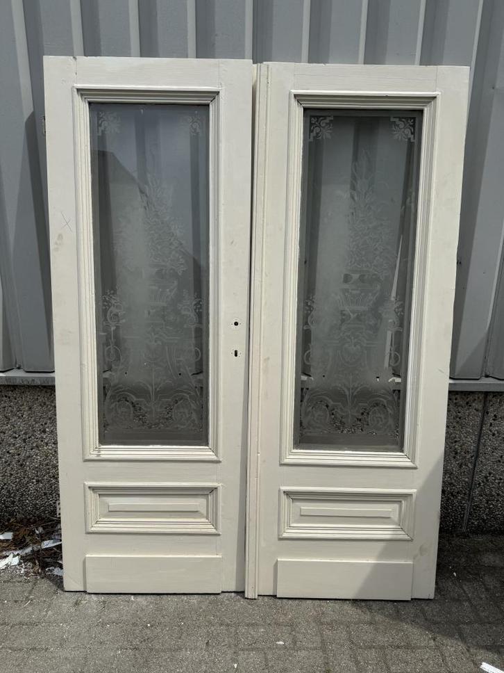 Prachtige antieke ensuitedeuren met geetst glas, Doe-het-zelf en Verbouw, Deuren en Horren, Zo goed als nieuw, Binnendeur, 200 tot 215 cm