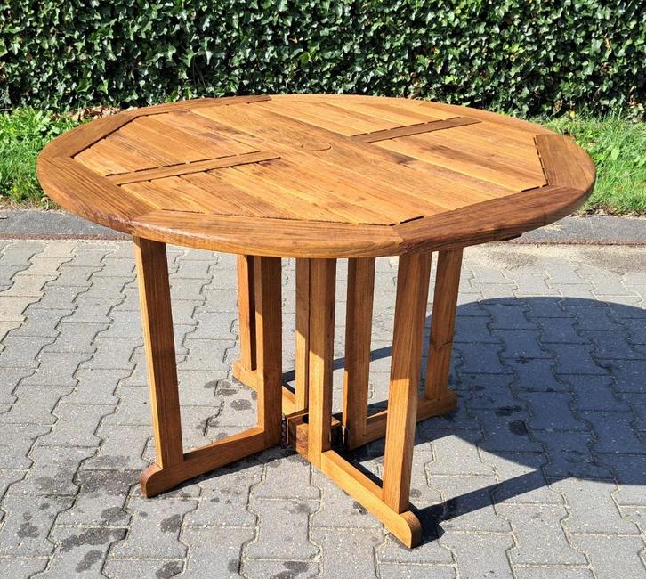 Hartman Prestige teakhouten wangtafel 110 cm, inklapbaar, Tuin en Terras, Tuintafels, Gebruikt, Rond, Teakhout, Ophalen