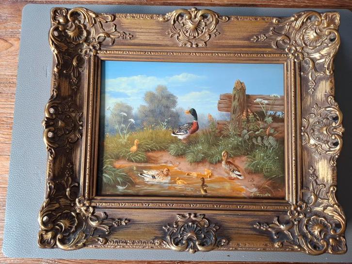 Schilderij met eenden in gouden lijst, Antiek en Kunst, Kunst | Schilderijen | Klassiek, Ophalen of Verzenden