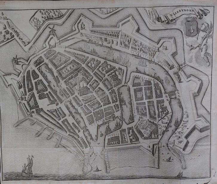 31 / Plattegrond stad Vlissingen Originele gravure uit 1696, Antiek en Kunst, Kunst | Etsen en Gravures, Ophalen of Verzenden