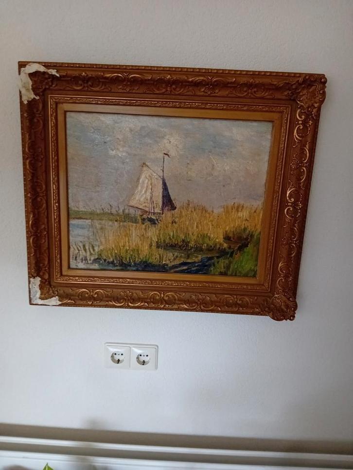 Oud schilderij met zeilboot in gouden lijst, Antiek en Kunst, Kunst | Schilderijen | Klassiek, Ophalen