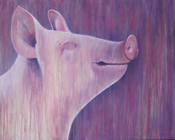 schilderij Varken 100x80cm, Huis en Inrichting, Woonaccessoires | Schilderijen, Tekeningen en Foto's, Zo goed als nieuw, Schilderij