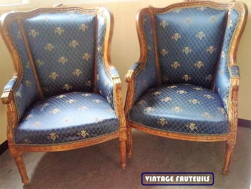 2 x antiek vintage bergere fauteuil stoel troon meubel, Huis en Inrichting, Fauteuils, Gebruikt, Hout, Stof, 50 tot 75 cm, Minder dan 75 cm