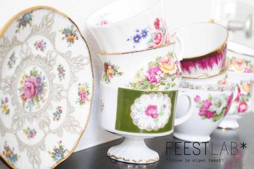 Brocante bloemetjes servies huren tot wel 200 pers bruiloft, Hobby en Vrije tijd, Feestartikelen | Verhuur, Gebruikt, Geboorte of Huwelijk