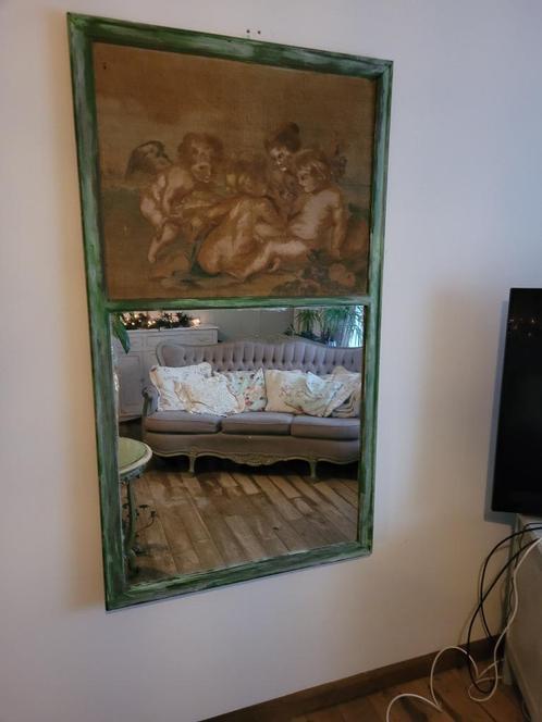 Zeer oude spiegel met gobelin stof decor engelen, Antiek en Kunst, Curiosa en Brocante, Ophalen