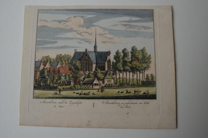 AMSTELVEEN ZUIDZIJDE GRAVURE handgekleurd 1737 Rademaker E17, Antiek en Kunst, Kunst | Etsen en Gravures, Verzenden