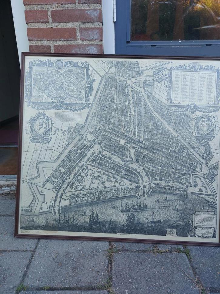 Plattegrond Amsterdam 1626 - Houten Lijst, Antiek en Kunst, Kunst | Etsen en Gravures, Ophalen