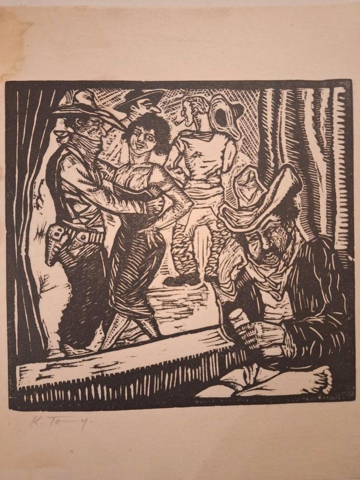 Houtsnede: Wilde Westen Scène onduidelijk Gesigneerd, Antiek en Kunst, Kunst | Etsen en Gravures, Ophalen of Verzenden