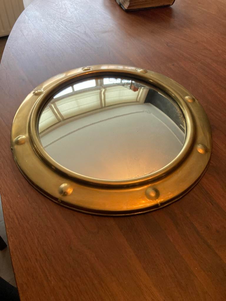 Scheepsraam Spiegel met Koperen Rand - Ø 28,5 cm, Huis en Inrichting, Woonaccessoires | Spiegels, Ophalen, Minder dan 50 cm, Gebruikt